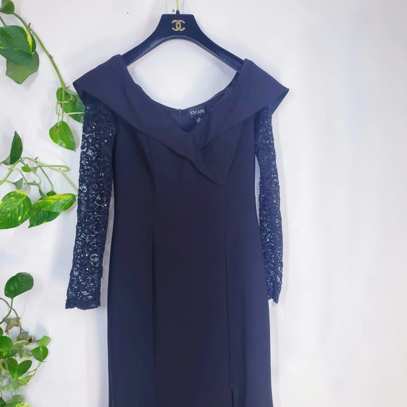 New XSCAPE  Formal Dress Black Small High Slit Long Lace Sequin Sleeves V-Neck - Picture 5 of 12
